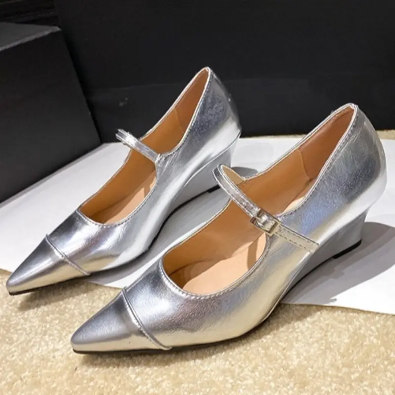 Colorblock Wedge Patent Leather Single Shoes Summer New Fashion Pointed Toe Shallow Mouth Slip Strap Non-Slip Heels