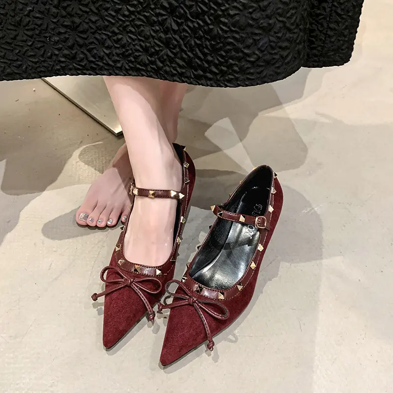 Wedge Single Fall New Pointed Toe Shallow Suede Slip Strap Rivet Anti-Slip Wear-Resistant Kitten Heels