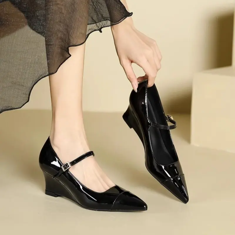 Colorblock Wedge Patent Leather Single Shoes Summer New Fashion Pointed Toe Shallow Mouth Slip Strap Non-Slip Heels