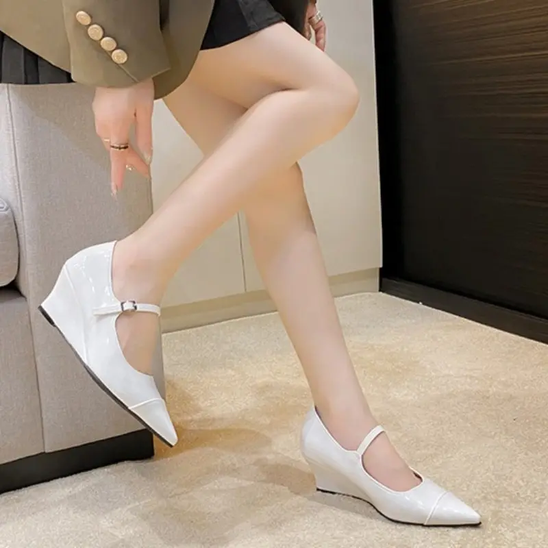 Colorblock Wedge Patent Leather Single Shoes Summer New Fashion Pointed Toe Shallow Mouth Slip Strap Non-Slip Heels