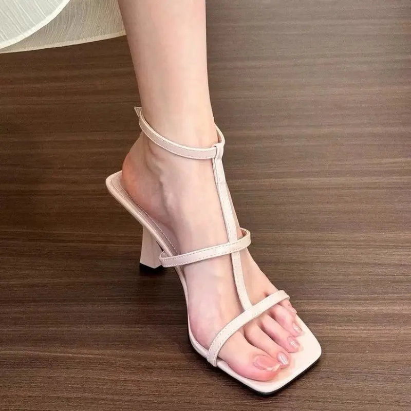 Fashion Stiletto Sandals Summer New Square Head Open Toe Hollowed-out Metal Buckle Thin Line with Non-slip High Heels