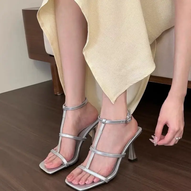 Fashion Stiletto Sandals Summer New Square Head Open Toe Hollowed-out Metal Buckle Thin Line with Non-slip High Heels