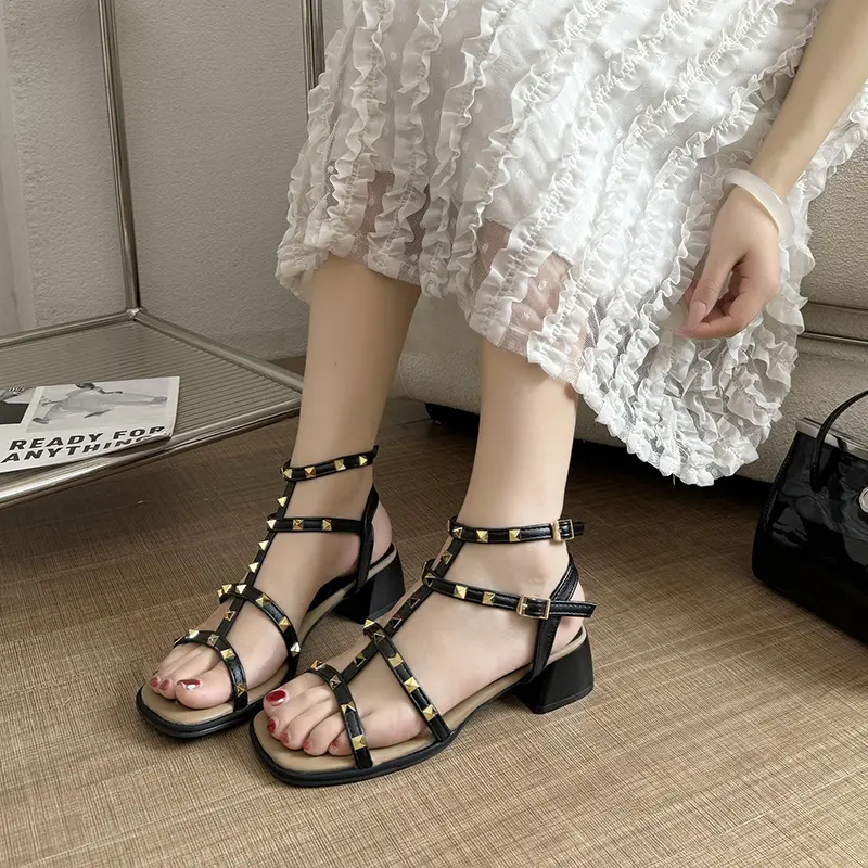 Summer New Coarse Heel Shoes Women's Fashion Square Head Open-toe Hollow-holed Rivet Anti-slip Wear-resistant High Heels