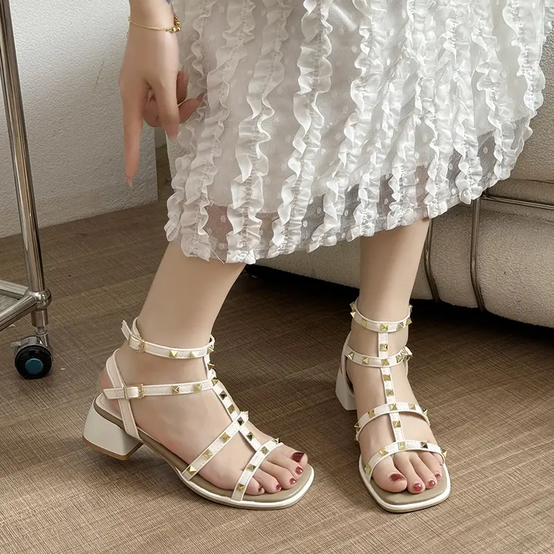 Summer New Coarse Heel Shoes Women's Fashion Square Head Open-toe Hollow-holed Rivet Anti-slip Wear-resistant High Heels