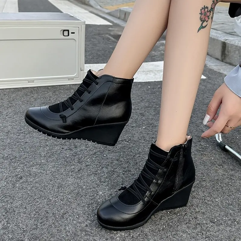 Wedge Heel Boots Autumn New Round Toe Front Lace-Up Side Zipper Soft Sole Anti-Slip Wear-Resistant Single Boots