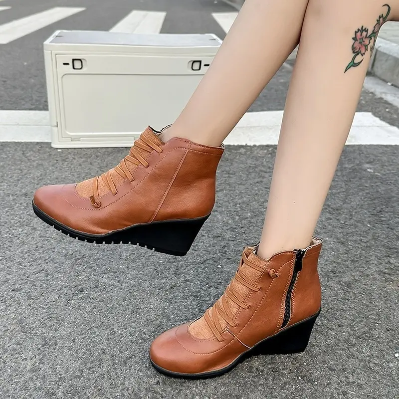 Wedge Heel Boots Autumn New Round Toe Front Lace-Up Side Zipper Soft Sole Anti-Slip Wear-Resistant Single Boots