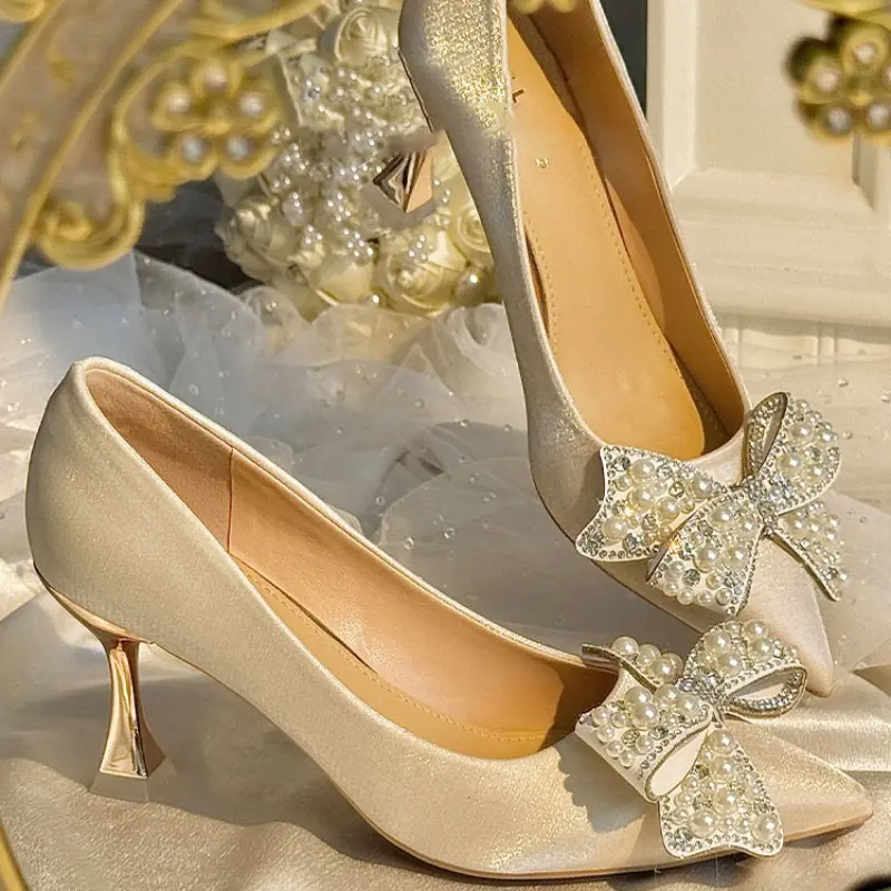 Pearl Rhinestone Bow Stiletto Single Shoes Autumn New Pointed Toe Shallow Mouth Slip-on Non-Slip Wear-Resistant High Heels