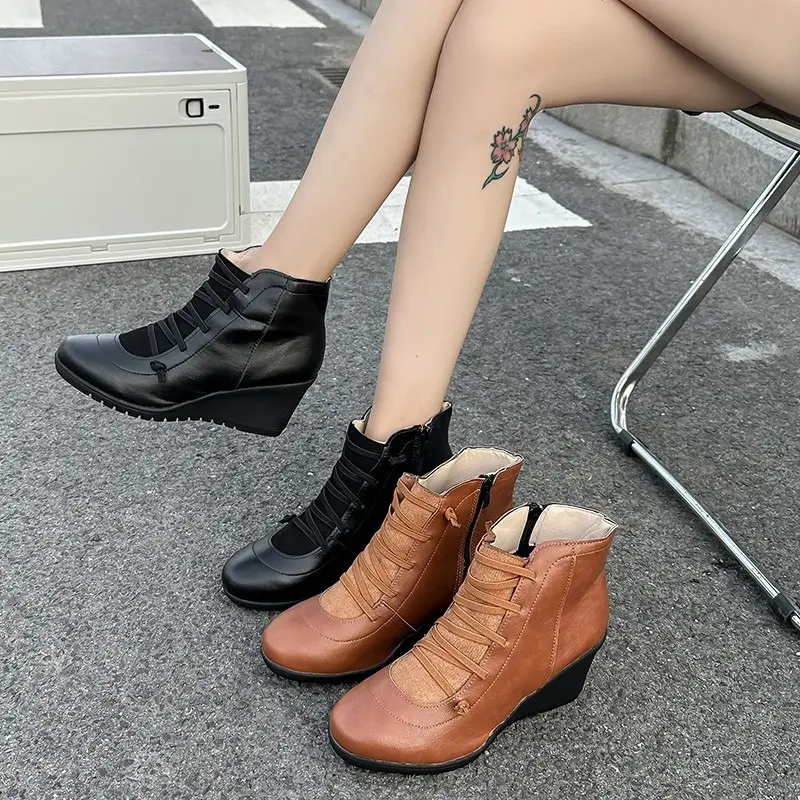 Wedge Heel Boots Autumn New Round Toe Front Lace-Up Side Zipper Soft Sole Anti-Slip Wear-Resistant Single Boots