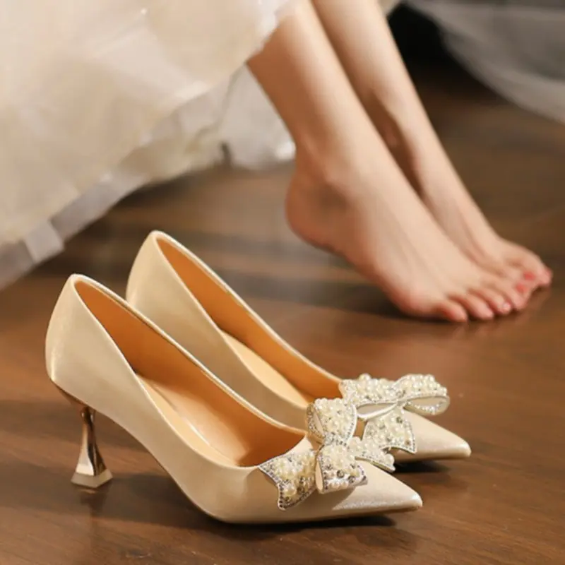 Pearl Rhinestone Bow Stiletto Single Shoes Autumn New Pointed Toe Shallow Mouth Slip-on Non-Slip Wear-Resistant High Heels