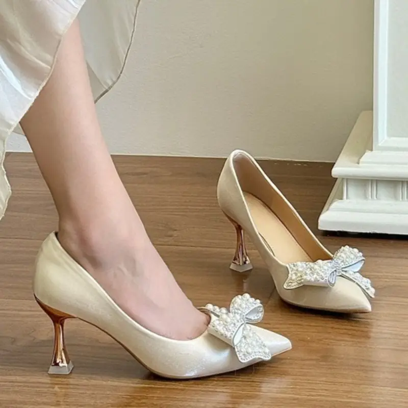 Pearl Rhinestone Bow Stiletto Single Shoes Autumn New Pointed Toe Shallow Mouth Slip-on Non-Slip Wear-Resistant High Heels