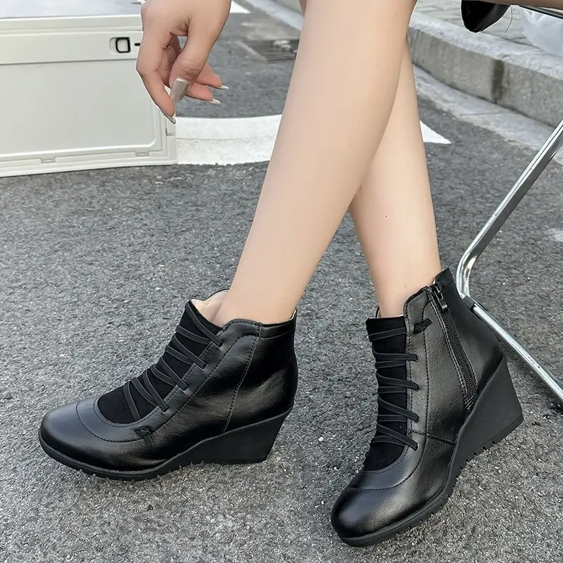 Wedge Heel Boots Autumn New Round Toe Front Lace-Up Side Zipper Soft Sole Anti-Slip Wear-Resistant Single Boots
