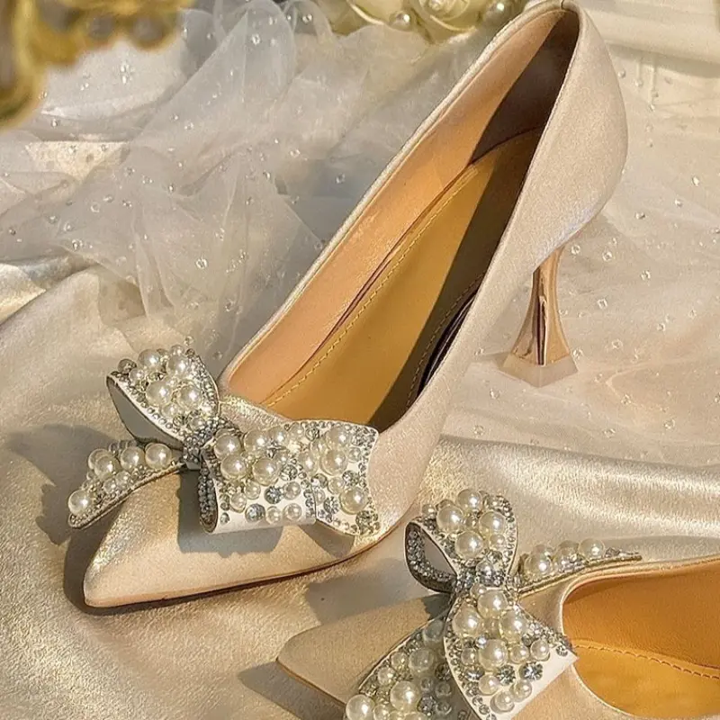 Pearl Rhinestone Bow Stiletto Single Shoes Autumn New Pointed Toe Shallow Mouth Slip-on Non-Slip Wear-Resistant High Heels