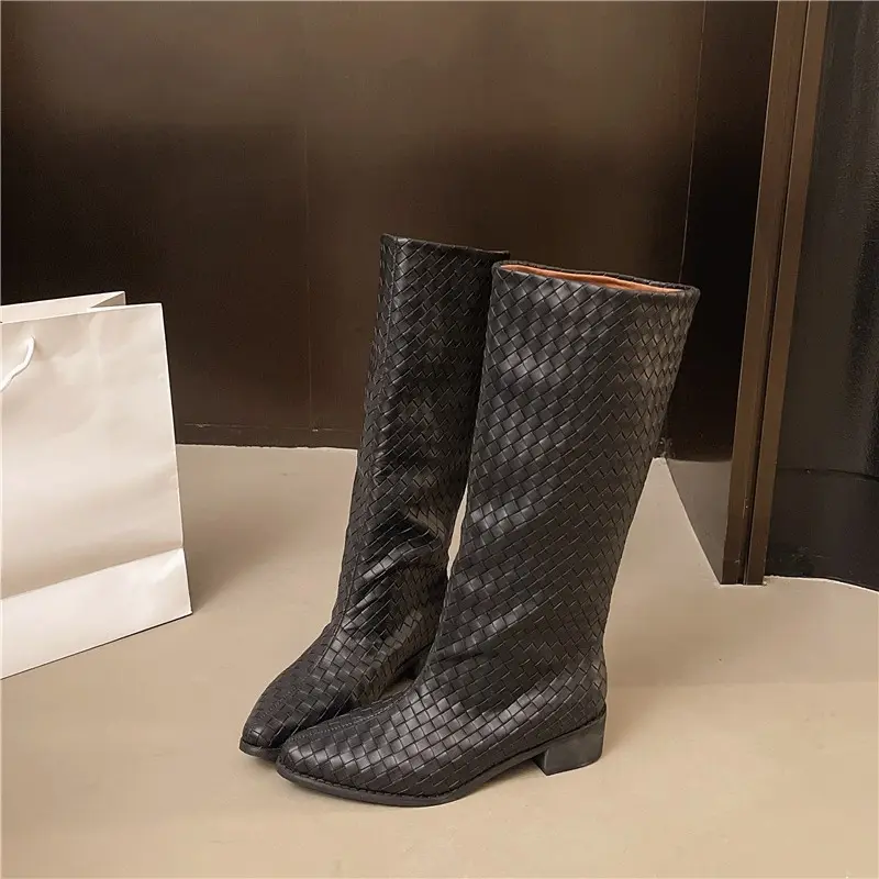 Non-Knee Boots Women's Pointed Toe Slip-on Woven Long Tube High Anti-Slip Wear-Resistant Block Heel Chimney Boots