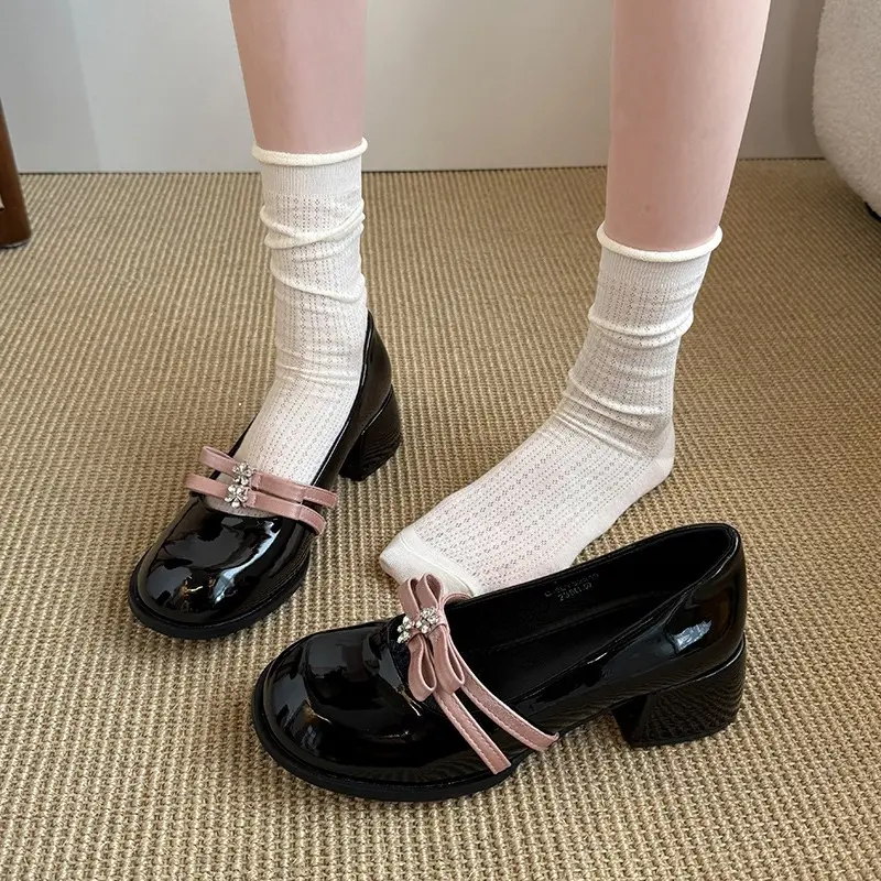 Block Heel Mary Jane Single Shoes Women's Round Toe Shallow Slip Rhinestone Bow Slip Anti-Slip Wear-Resistant High Heels