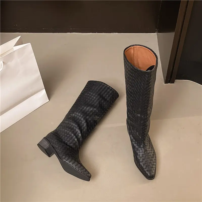 Non-Knee Boots Women's Pointed Toe Slip-on Woven Long Tube High Anti-Slip Wear-Resistant Block Heel Chimney Boots