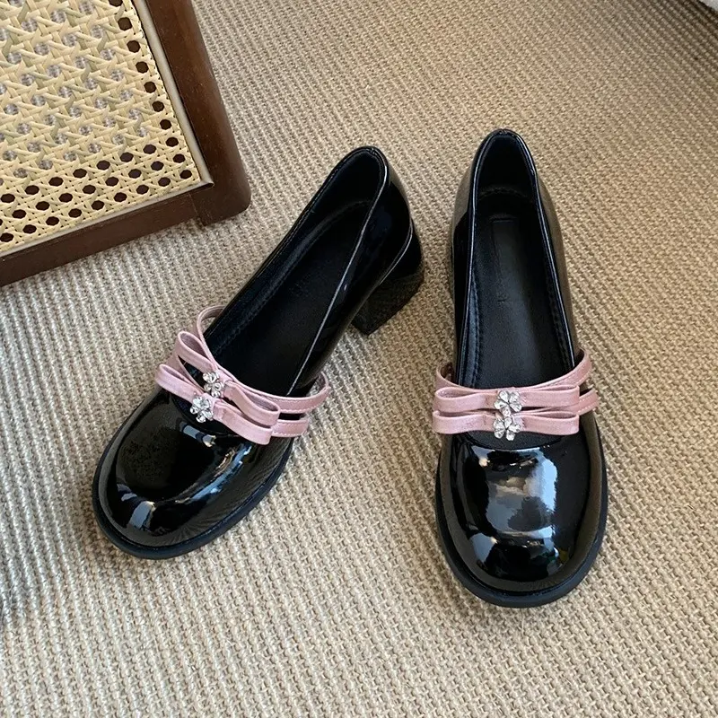 Block Heel Mary Jane Single Shoes Women's Round Toe Shallow Slip Rhinestone Bow Slip Anti-Slip Wear-Resistant High Heels