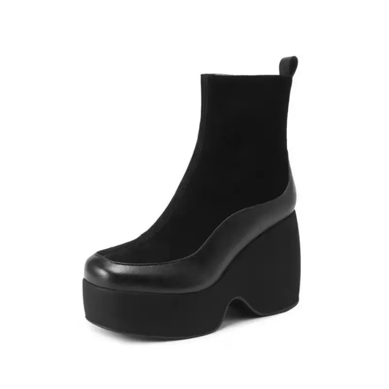 Winter New Thick Heel Cotton Boots Women Fashion Round Head Stitching Suede Side Zipper Thick Sole Non-slip Short Boots