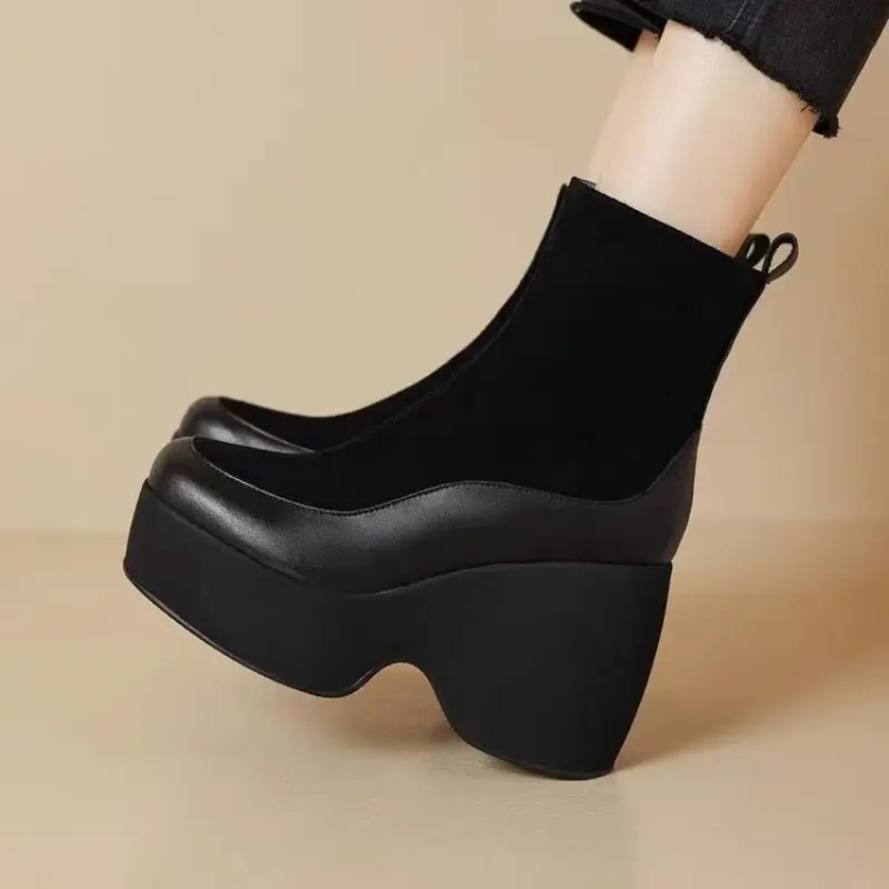 Winter New Thick Heel Cotton Boots Women Fashion Round Head Stitching Suede Side Zipper Thick Sole Non-slip Short Boots
