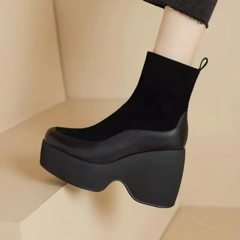Winter New Thick Heel Cotton Boots Women Fashion Round Head Stitching Suede Side Zipper Thick Sole Non-slip Short Boots