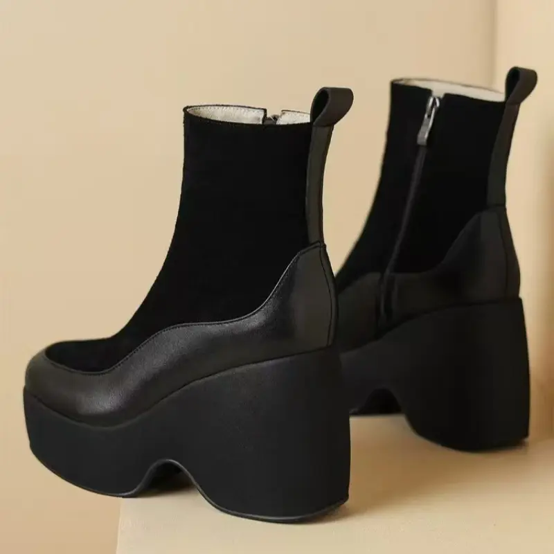 Winter New Thick Heel Cotton Boots Women Fashion Round Head Stitching Suede Side Zipper Thick Sole Non-slip Short Boots