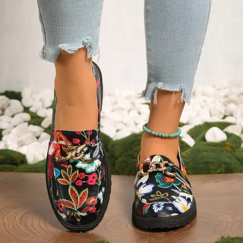 Block Heel Printed Single Shoes Autumn New Round Toe Deep Mouth Metal Chain Platform Non-slip Wear-resistant Pumps