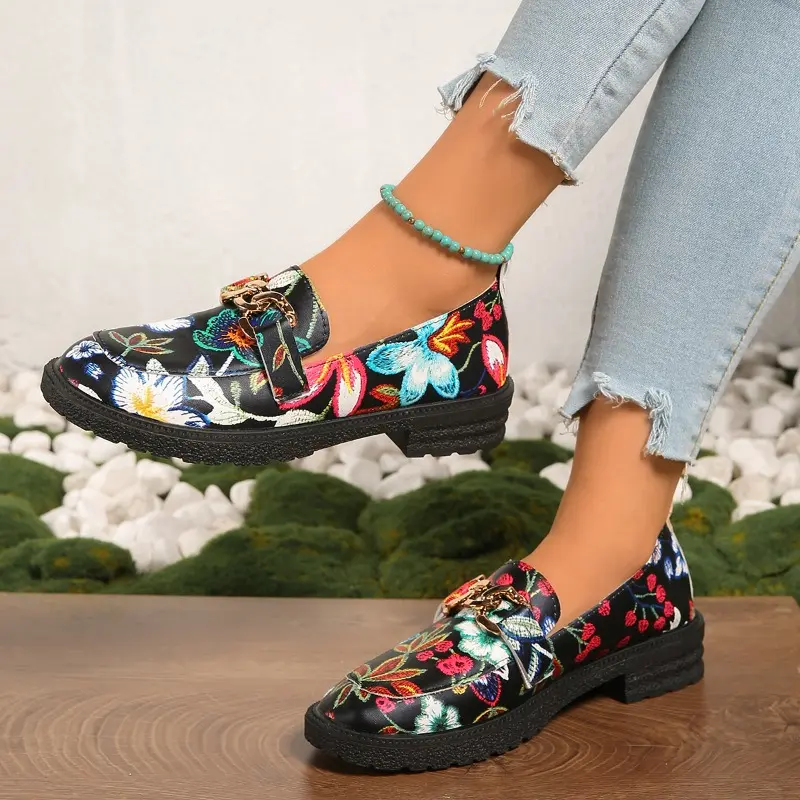 Block Heel Printed Single Shoes Autumn New Round Toe Deep Mouth Metal Chain Platform Non-slip Wear-resistant Pumps