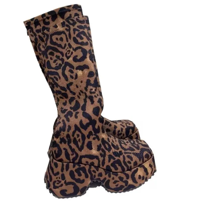 Winter New Chunky Boots Women's Fashion Round Head Thick Sole Leopard Print Back Zipper Style Thigh-high Boots