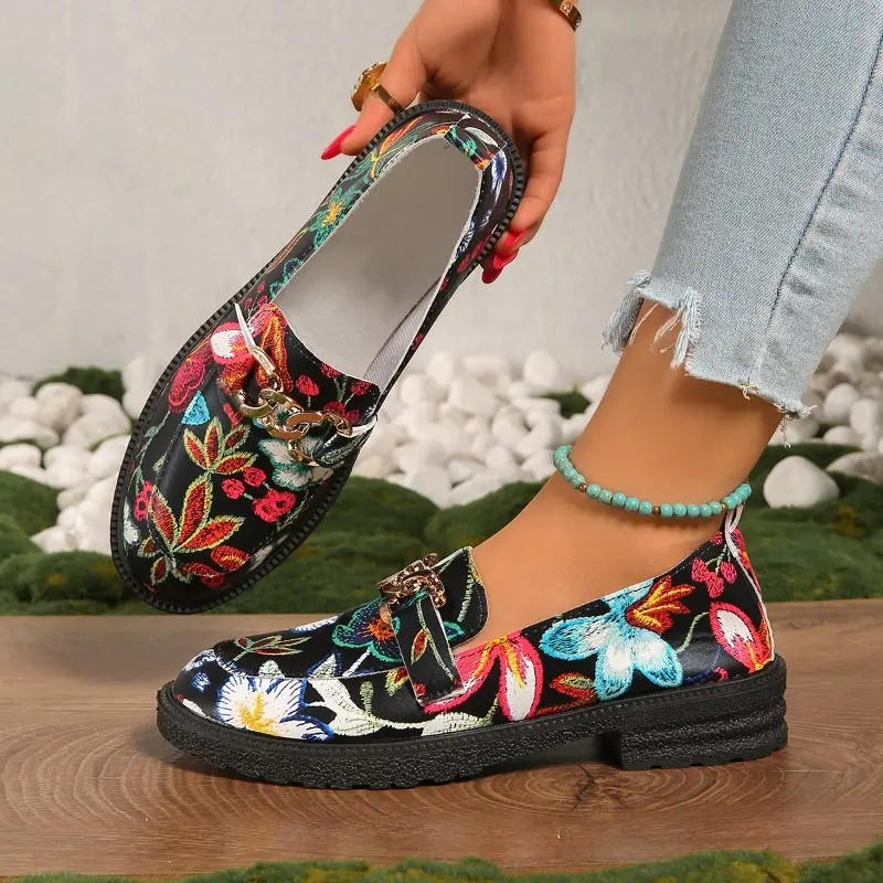 Block Heel Printed Single Shoes Autumn New Round Toe Deep Mouth Metal Chain Platform Non-slip Wear-resistant Pumps