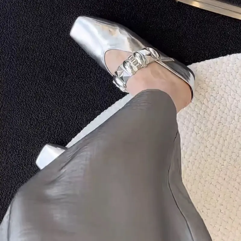 Wedge Cool Mopping Summer New Square-toe Shallow-mouth Metal Buckle One-band Non-slip Wear-resistant Kitten Heel Shoes