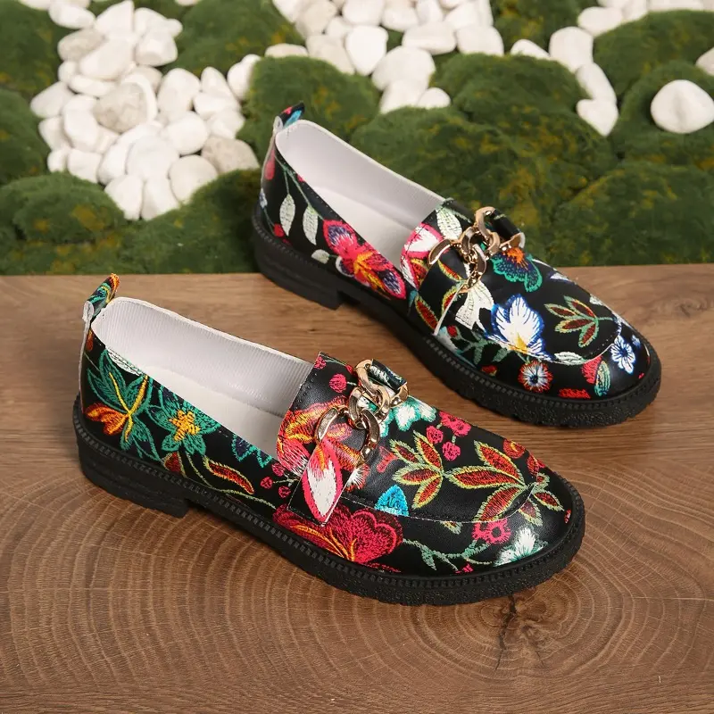 Block Heel Printed Single Shoes Autumn New Round Toe Deep Mouth Metal Chain Platform Non-slip Wear-resistant Pumps