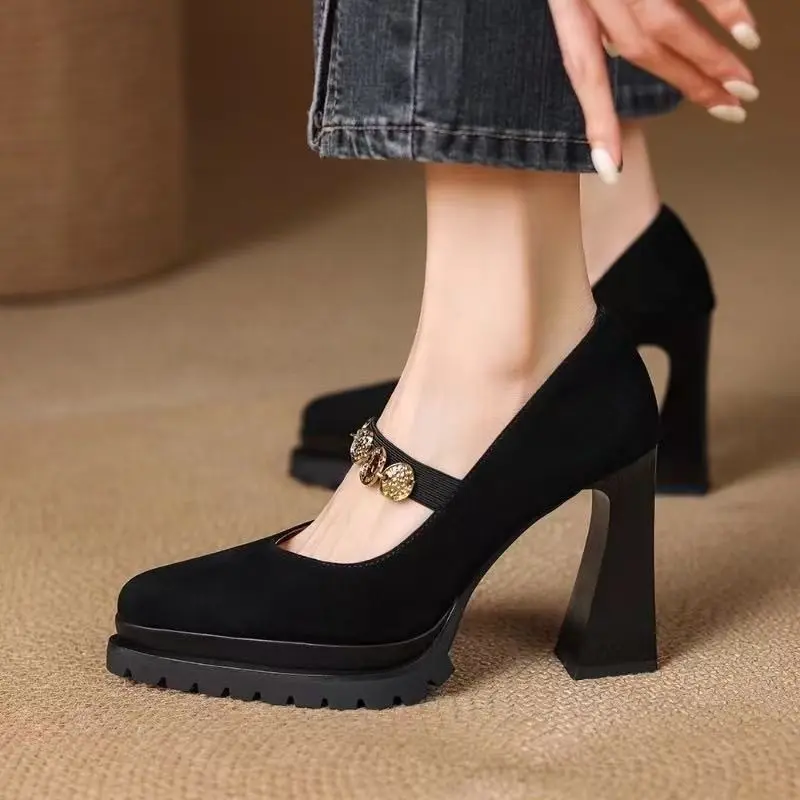 Platform Metal Buckle Foot Anti-slip Wear-resistant High Heels Autumn New Pointed Toe Shallow Mouth Anti-slip Single Shoes