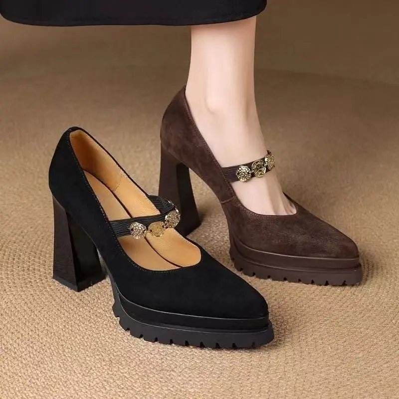 Platform Metal Buckle Foot Anti-slip Wear-resistant High Heels Autumn New Pointed Toe Shallow Mouth Anti-slip Single Shoes