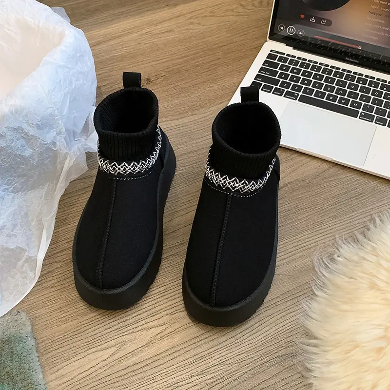 Women's Fashion Flat Snow Boots Winter New Round Head Suede Splicing Type Anti-slip Wear-resistant Thick Sole Cotton Boots