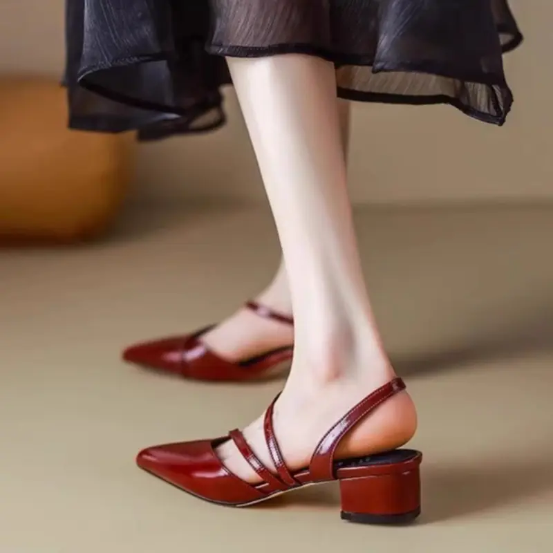 Baotou Sandals Women's Summer Pointed Toe Shallow Fork with Back Empty Slip Strap Non-slip Low-heeled Shoes