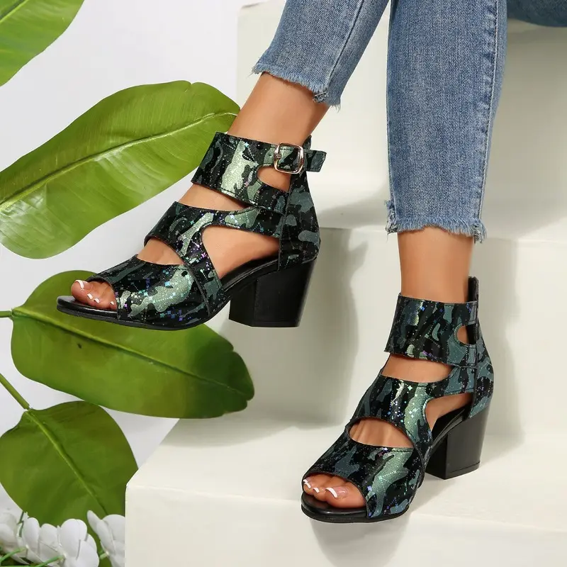 Summer New Round Toe Open Toe Metal One Strap Non-slip Fish Mouth Shoes Fashion High Heel Sandals
