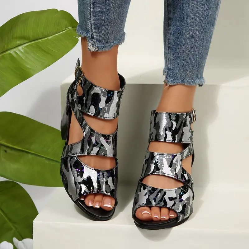 Summer New Round Toe Open Toe Metal One Strap Non-slip Fish Mouth Shoes Fashion High Heel Sandals