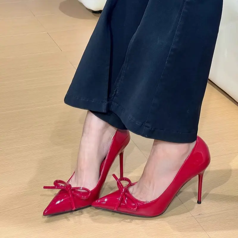 Bow French Heels Women's Autumn New Patent Leather Temperament Shallow Mouth Pointed Toe Stiletto Single Shoes