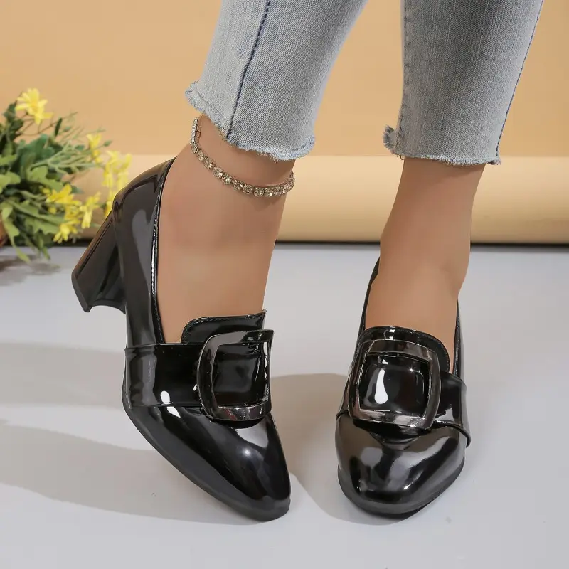 Block Heel Single Shoes Autumn New Pointed Toe Deep Mouth Metal Buckle Slip Anti-slip Wear-resistant High Heels