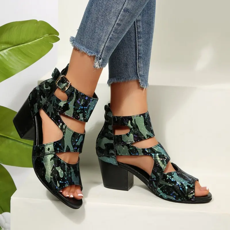 Summer New Round Toe Open Toe Metal One Strap Non-slip Fish Mouth Shoes Fashion High Heel Sandals