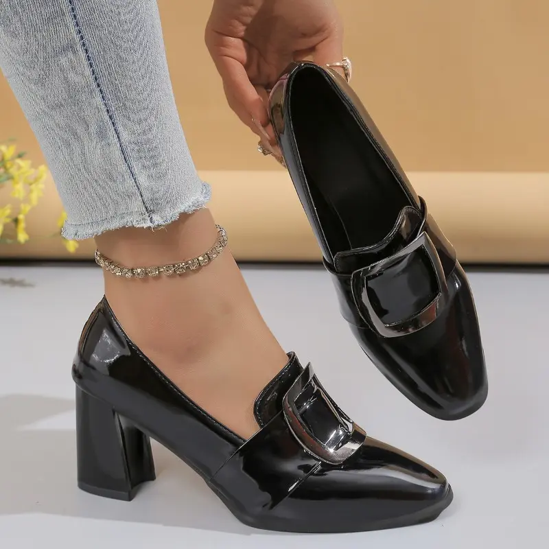 Block Heel Single Shoes Autumn New Pointed Toe Deep Mouth Metal Buckle Slip Anti-slip Wear-resistant High Heels