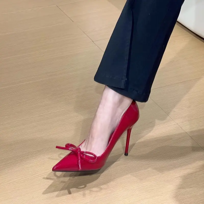 Bow French Heels Women's Autumn New Patent Leather Temperament Shallow Mouth Pointed Toe Stiletto Single Shoes