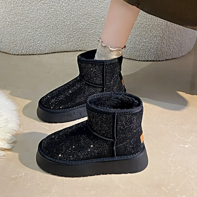 Women's New Winter Thick Soled Snow Boots Round Head Suede Rhinestone Anti-slip Wear-resistant Short Boots