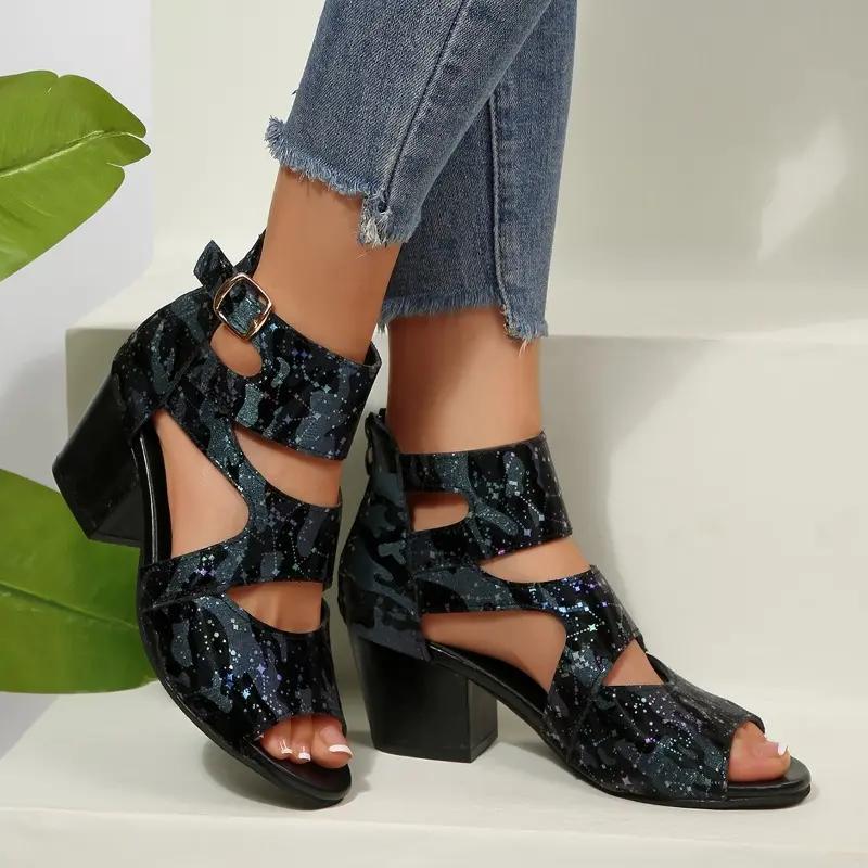 Summer New Round Toe Open Toe Metal One Strap Non-slip Fish Mouth Shoes Fashion High Heel Sandals