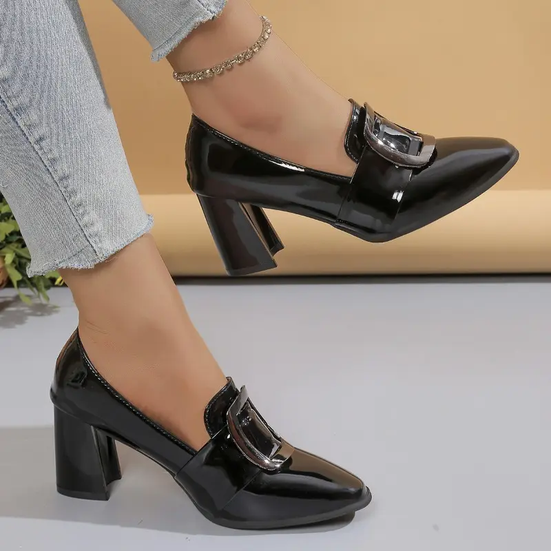 Block Heel Single Shoes Autumn New Pointed Toe Deep Mouth Metal Buckle Slip Anti-slip Wear-resistant High Heels