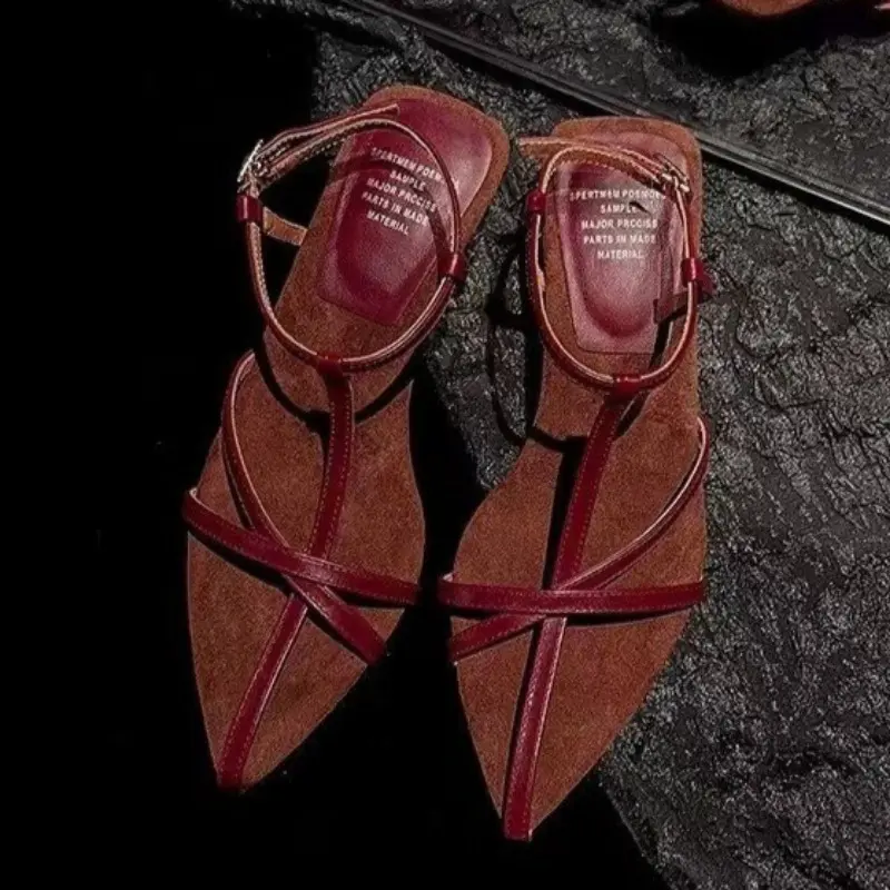 Summer New Sandals Women's Fashion Baotou Cross Thin Belt Metal Buckle Anti-slip Wear-resistant Special-shaped Heels