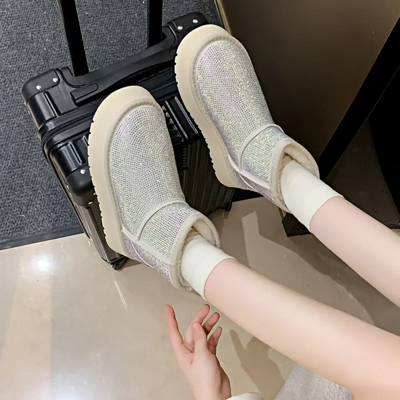 Women's New Winter Thick Soled Snow Boots Round Head Suede Rhinestone Anti-slip Wear-resistant Short Boots