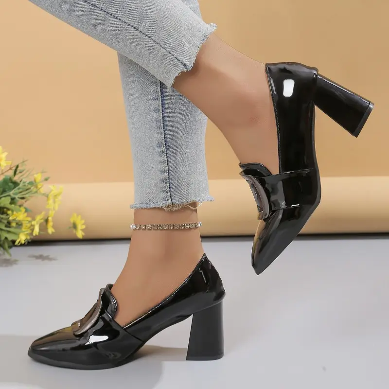 Block Heel Single Shoes Autumn New Pointed Toe Deep Mouth Metal Buckle Slip Anti-slip Wear-resistant High Heels