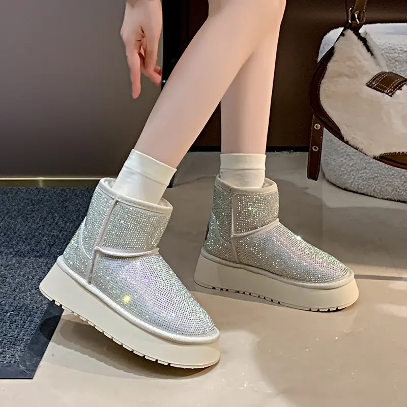 Women's New Winter Thick Soled Snow Boots Round Head Suede Rhinestone Anti-slip Wear-resistant Short Boots
