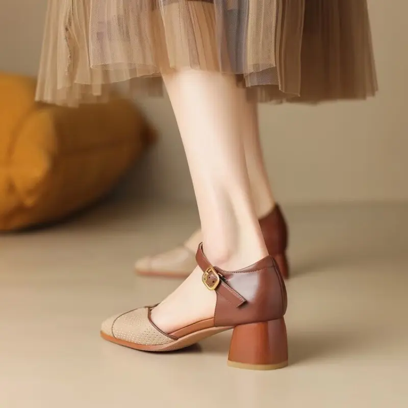Baotou Sandals Women's Summer New Square Head Hollowed Out with Thick Heel Hollow Mesh Women's Shoes