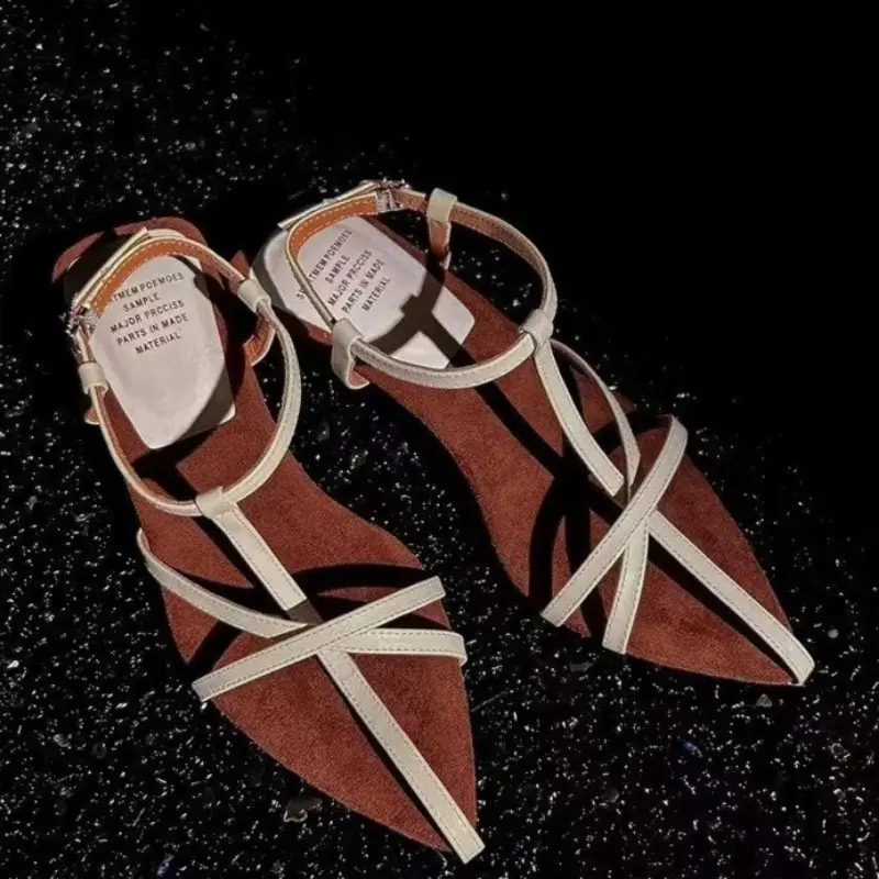 Summer New Sandals Women's Fashion Baotou Cross Thin Belt Metal Buckle Anti-slip Wear-resistant Special-shaped Heels